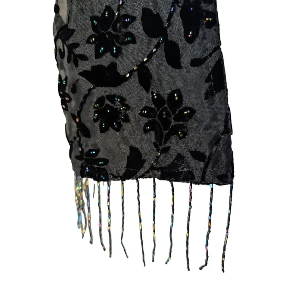 Vintage Black Velvet Beaded Burnout Floral Scarf Shawl Wrap Fringe Goth Witchy